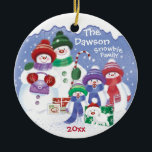 "Cute Snowman, Family of 5 Snowbies, Christmas Keramik Ornament<br><div class="desc">This cute Christmas ornament feature a Snowbie family of 5, plus snow puppy. Soon to be a picture book by Carol M. Kearns, the Snowbies are characters, animals and children etc, all made from snow. The liebenswürdige picture on the front of this round ceramic ornament is designed for a family...</div>