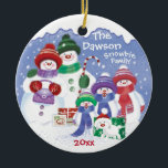 "Cute Snowman, Family of 5 Snowbies, Christmas Keramik Ornament<br><div class="desc">This cute Christmas ornament feature a Snowbie family of 5, plus snow puppy. Soon to be a picture book by Carol M. Kearns, the Snowbies are characters, animals and children etc, all made from snow. The liebenswürdige picture on the front of this round ceramic ornament is designed for a family...</div>