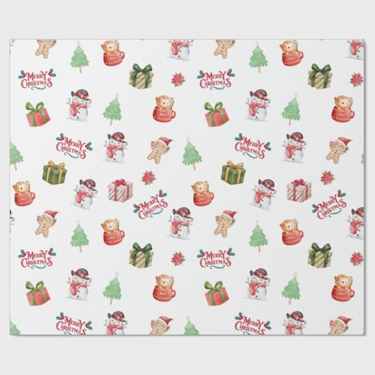 Cute Snowman Gingerbread Man Christmas Pattern Geschenkpapier (Flach)