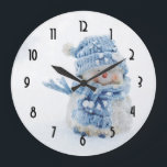 Cute Snowman in Winter Photograph Christmas Große Wanduhr<br><div class="desc">Clock  Illustrated with a cute photograph of a little snowman. Standing outside in the winter with snow falling all around. This cute little guy is dressed up in blue knitted outdoor clothing. Some white/gray bokeh flare in the background.</div>