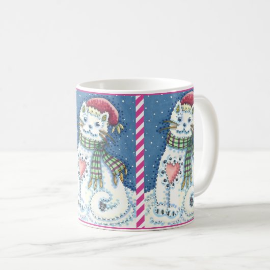 CUTE SNOWMAN KITTEN, SNOWFLAKES CAT AND MOUSE KAFFEETASSE (VorderseiteRechts)