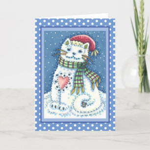 CUTE SNOWMAN KITTEN, SNOWFLAKES CAT AND MOUSE KARTE