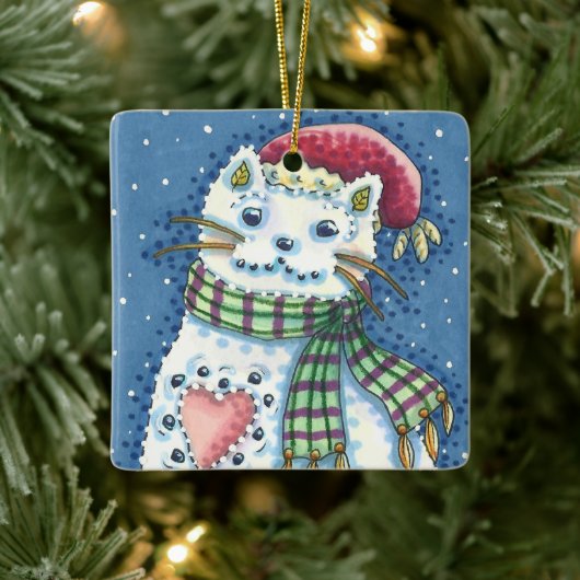 CUTE SNOWMAN KITTEN, SNOWFLAKES CAT AND MOUSE KERAMIKORNAMENT (Baum)