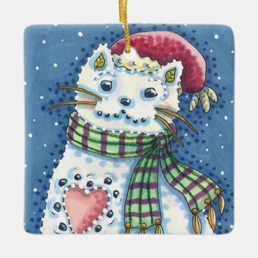CUTE SNOWMAN KITTEN, SNOWFLAKES CAT AND MOUSE KERAMIKORNAMENT (Vorderseite)