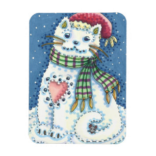 CUTE SNOWMAN KITTEN, SNOWFLAKES CAT AND MOUSE MAGNET