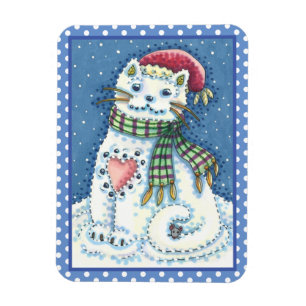 CUTE SNOWMAN KITTEN, SNOWFLAKES CAT AND MOUSE MAGNET