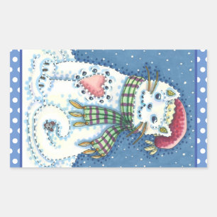 CUTE SNOWMAN KITTEN, SNOWFLAKES CAT AND MOUSE RECHTECKIGER AUFKLEBER