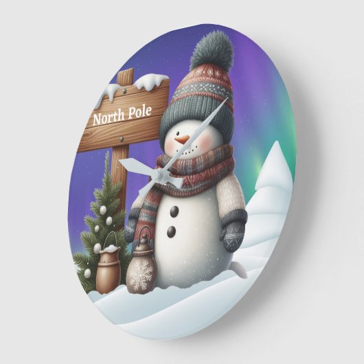 Cute snowman on North Pole with northern lights Große Wanduhr (Winkel)