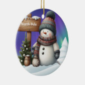 Cute snowman on North Pole with northern lights Keramik Ornament (Rechts)