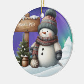 Cute snowman on North Pole with northern lights Keramik Ornament (Links)
