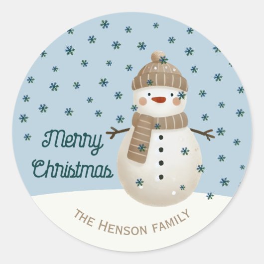 Cute Snowman Snowflakes Drawing Name Christmas Runder Aufkleber (Vorderseite)