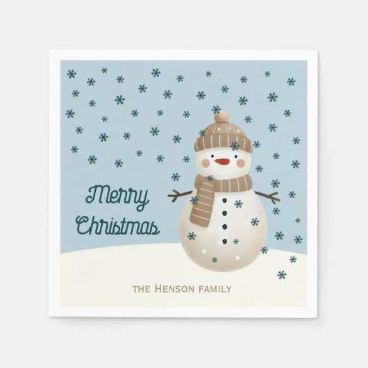 Cute Snowman Snowflakes Drawing Name Christmas Serviette (Vorderseite)
