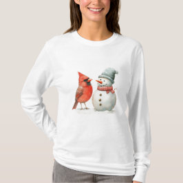 Cute Snowman with Bird Winter Christmas Scene T-Shirt