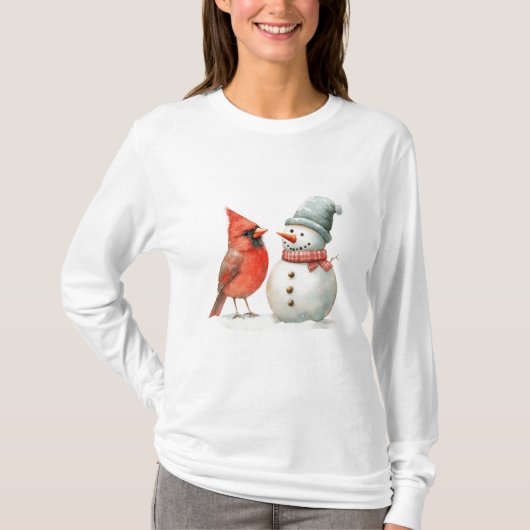 Cute Snowman with Bird Winter Christmas Scene T-Shirt (Vorderseite)