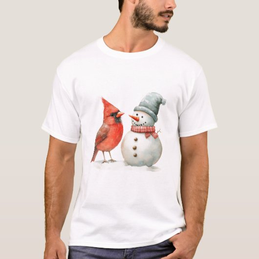 Cute Snowman with Bird Winter Christmas Scene T-Shirt (Vorderseite)