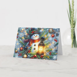 Cute Snowman with Lantern Christmas Holiday Card Feiertagskarte