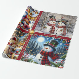 Cute Snowmen Christmas Wrapping Paper with Text Geschenkpapier