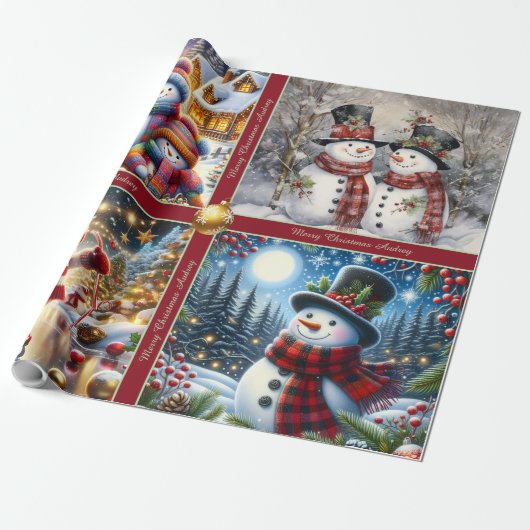 Cute Snowmen Christmas Wrapping Paper with Text Geschenkpapier (Ungerollt)