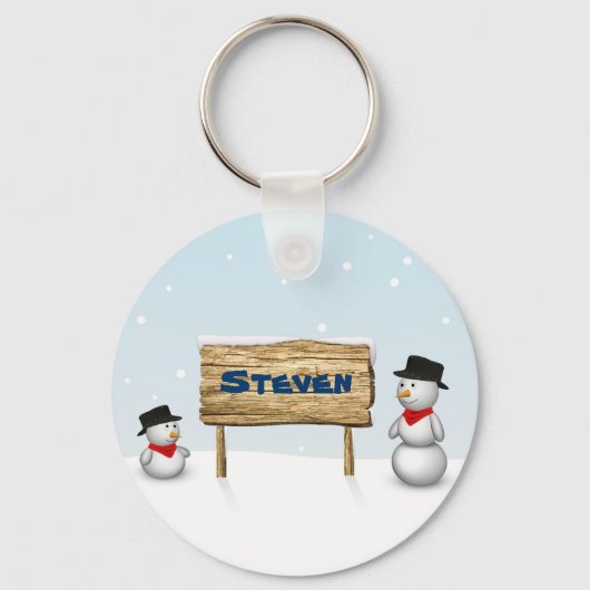 Cute Snowmen with Personalized Name Plate Schlüsselanhänger (Vorderseite)