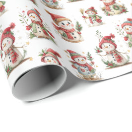 Cute snowmen with wooly hats geschenkpapier