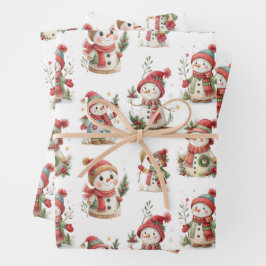 Cute snowmen with wooly hats geschenkpapier set
