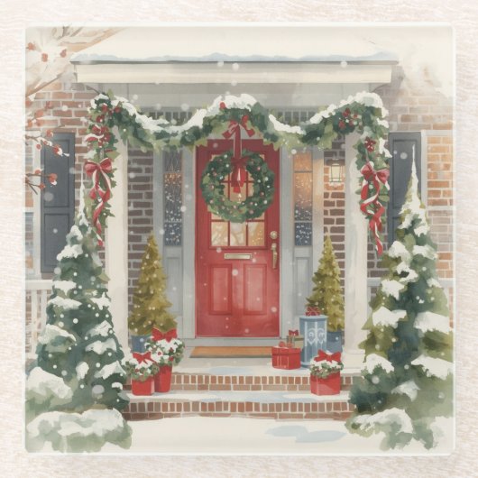 Cute Snowy Christmas Porch Glasuntersetzer (Vorderseite)