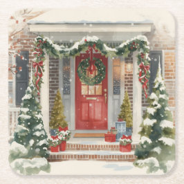 Cute Snowy Christmas Porch  Rechteckiger Pappuntersetzer