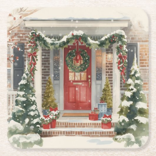 Cute Snowy Christmas Porch Rechteckiger Pappuntersetzer (Vorderseite)