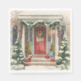 Cute Snowy Christmas Porch  Serviette
