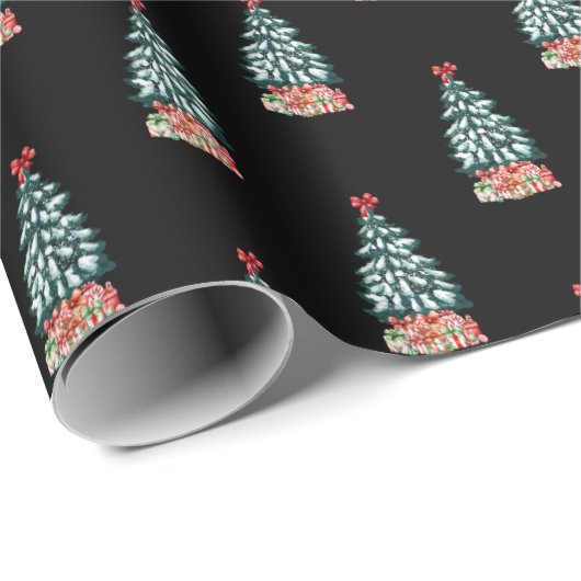Cute Snowy Christmas Tree Black Geschenkpapier (Rolleneckpunkt)