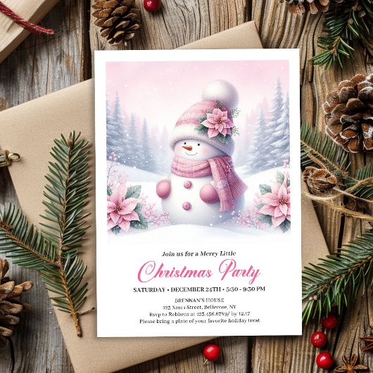 Cute Snowy Forest Pink Snowman Kids Invite Digital Einladung