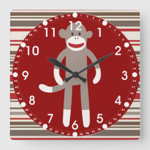 Cute Sock Monkey on Red Circle Red Brown Stripes Quadratische Wanduhr