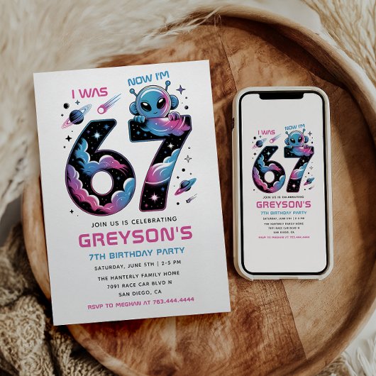 Cute Space 7th Birthday | Six & Seven Year Old  Einladung