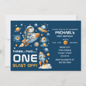 Cute Space Astronaut Cat Blast Off 1st Birthday Einladung (Vorderseite)