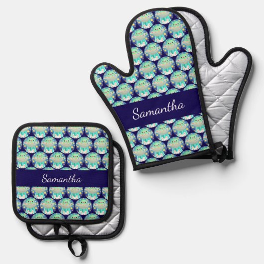 Cute Space Creature And Bunny Rabbit Ofenhandschuh & Topflappen-Set (Vorderseite/Rückseite)