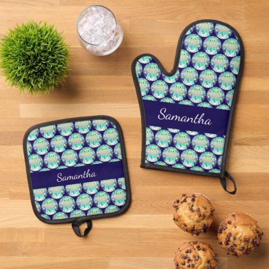 Cute Space Creature And Bunny Rabbit Ofenhandschuh & Topflappen-Set (Oben Unten)