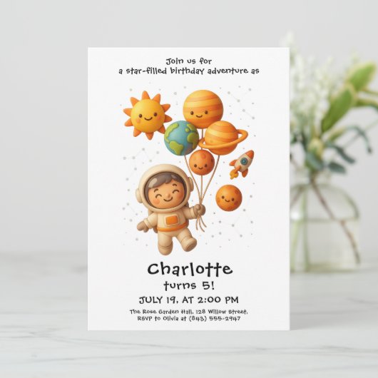 Cute Space Explorer Birthday Card Einladung (Stehend Vorderseite)
