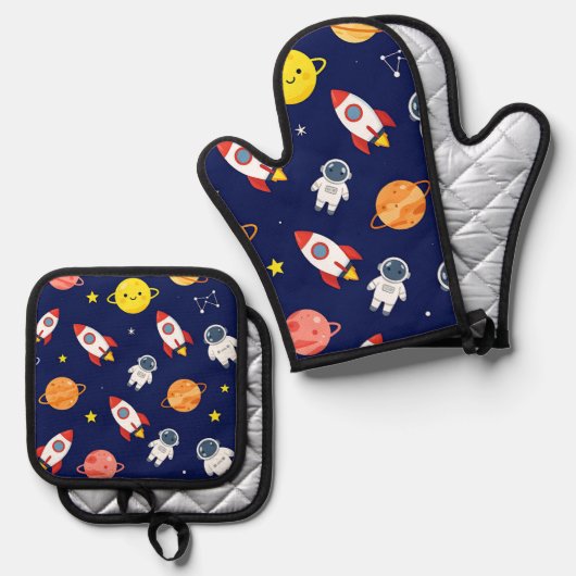 Cute Space Explorer Kids Pattern Ofenhandschuh & Topflappen-Set (Vorderseite/Rückseite)