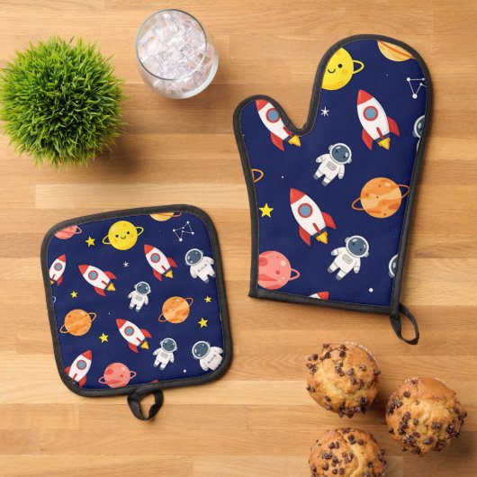 Cute Space Explorer Kids Pattern Ofenhandschuh & Topflappen-Set (Oben Unten)
