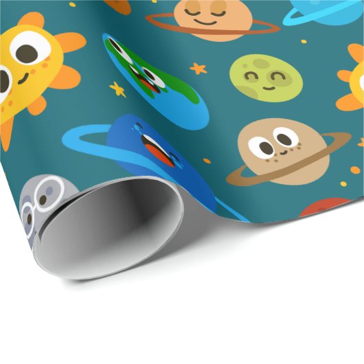 Cute Space Wrapping Paper, Suns, Earths, Moons Geschenkpapier (Rolleneckpunkt)