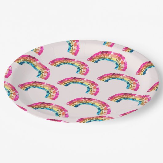 Cute Sparkly Sequin Rainbow Birthday Party Pappteller (Schrägansicht)