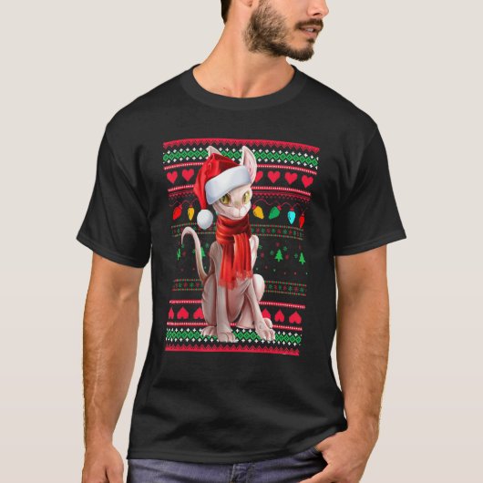 Cute Sphynx Cat Wearing Santa Hat Celebrate Christ T-Shirt (Vorderseite)