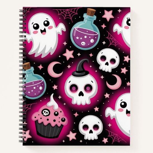 Cute Spooky Halloween Pattern with Ghosts, Skulls Notizblock (Vorderseite)