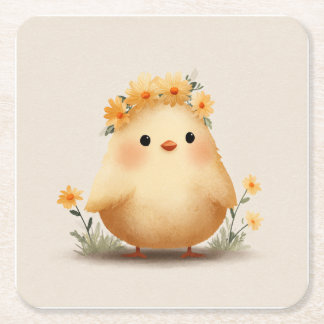 Cute Spring Chick Coaster | Floral Baby Chick Art Rechteckiger Pappuntersetzer