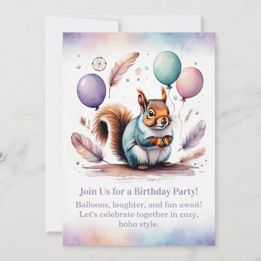 Cute Squirrel Birthday Invitation Woodland Boho Einladung (Vorderseite)