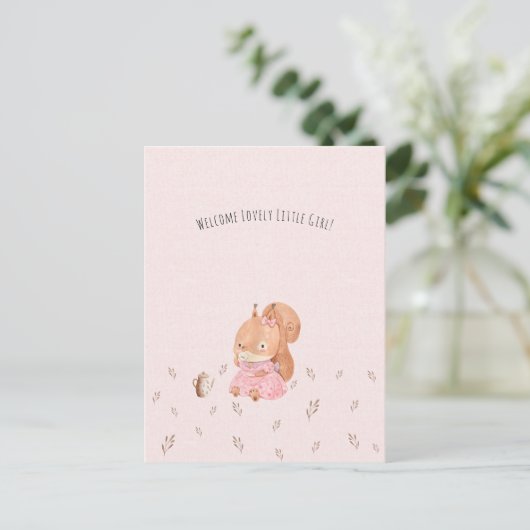 Cute Squirrel Having Tea Baby Girl Daughter Postkarte (Stehend Vorderseite)