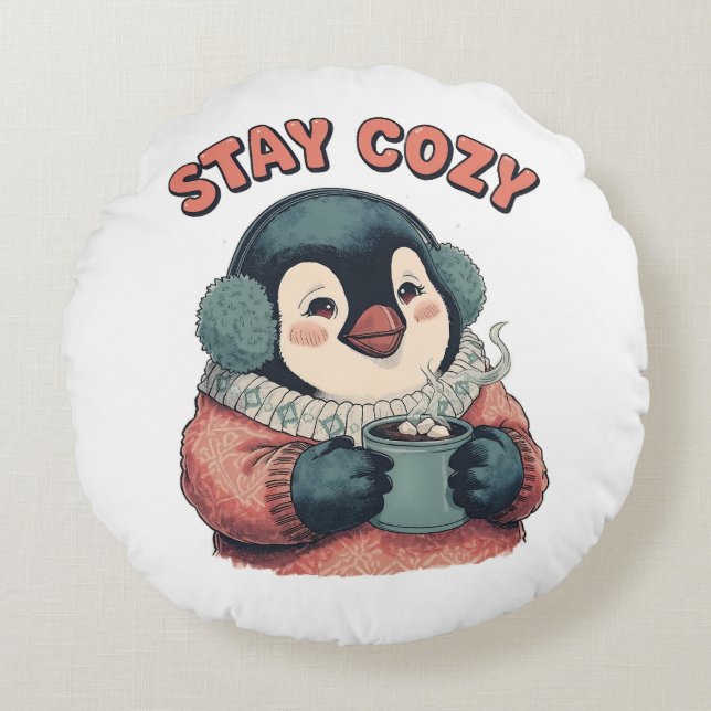 Cute Stay Cozy Penguin Drinking Hot Cocoa Hat Rundes Kissen (Vorderseite)
