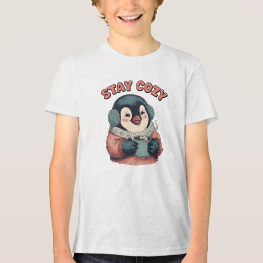 Cute Stay Cozy Penguin Drinking Hot Cocoa Hat Tri-Blend Shirt (Vorderseite)