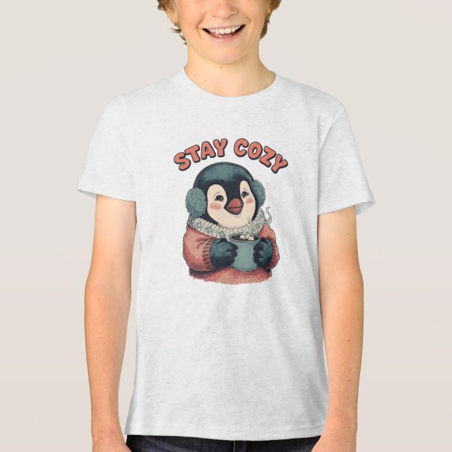 Cute Stay Cozy Penguin Drinking Hot Cocoa Hat Tri-Blend Shirt (Vorderseite)