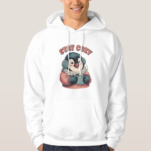 Cute Stay Cozy Penguin Drinking Hot Cocoa T-Shirt Hoodie (Vorderseite)